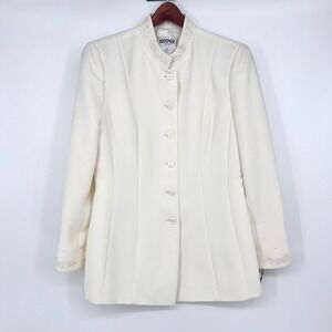 Vintage Kasper Petite Skirt Suit Set 8P Ivory Beaded Mandarin Blazer Formal